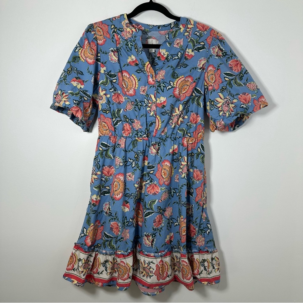 Joie Blue Floral Midi Dress with Pink and Yellow Accents